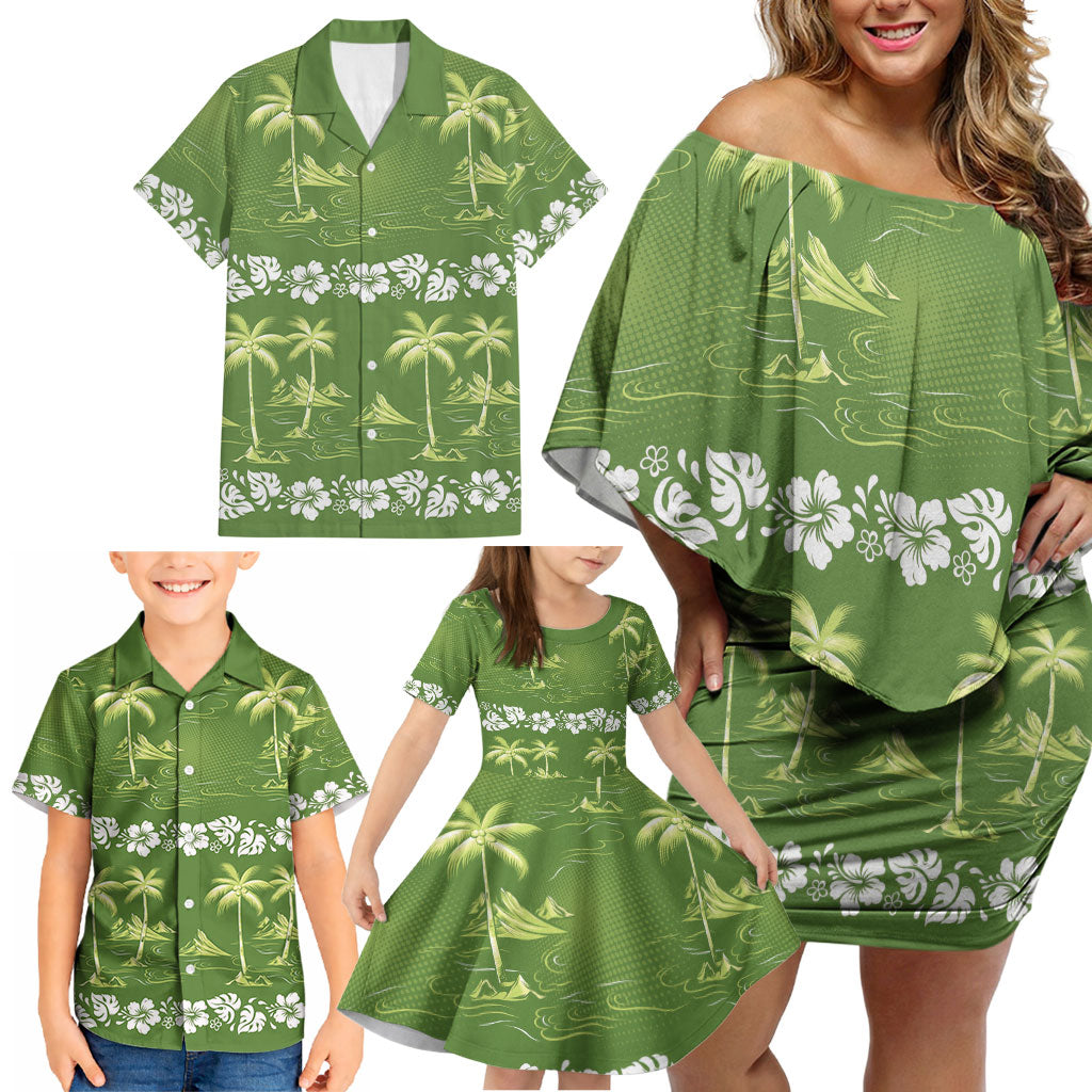 Olive Green Hawaii Palm Tree Hibiscus Family Matching Off Shoulder Short Dress and Hawaiian Shirt Fantasy Summer Vibe LT01 - Polynesian Pride