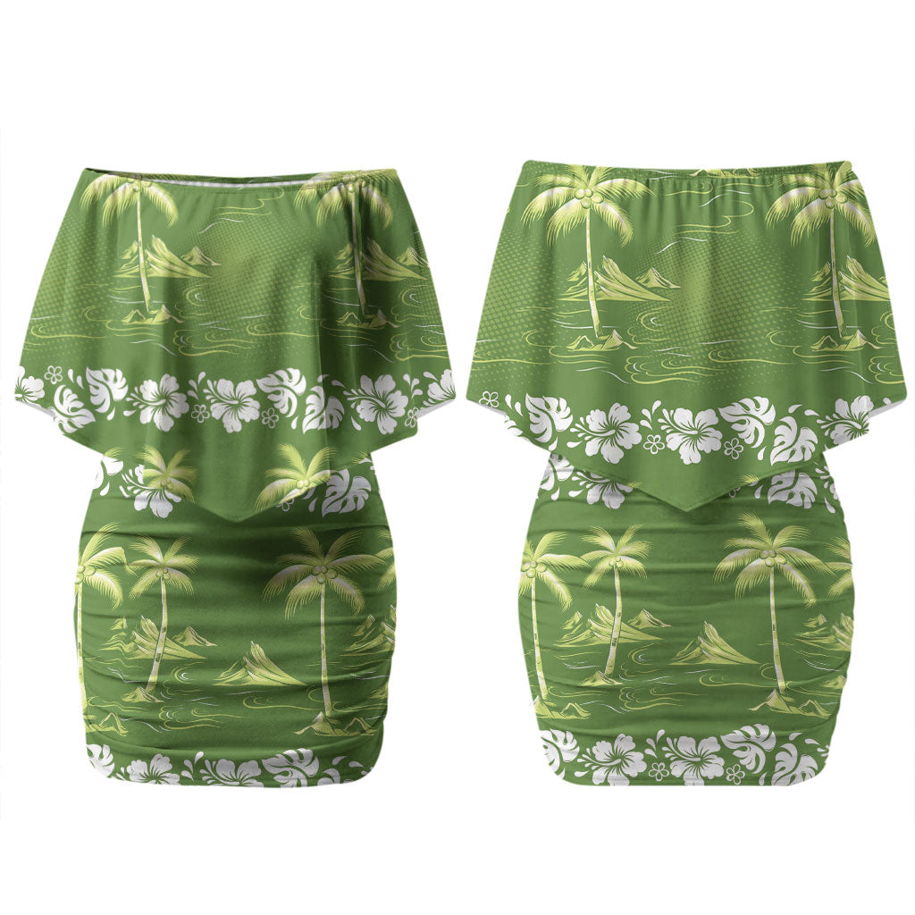 Olive Green Hawaii Palm Tree Hibiscus Family Matching Off Shoulder Short Dress and Hawaiian Shirt Fantasy Summer Vibe LT01 Mom's Dress Olive - Polynesian Pride