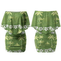 Olive Green Hawaii Palm Tree Hibiscus Family Matching Off Shoulder Short Dress and Hawaiian Shirt Fantasy Summer Vibe LT01 Mom's Dress Olive - Polynesian Pride