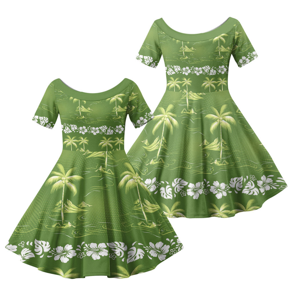 Olive Green Hawaii Palm Tree Hibiscus Family Matching Puletasi and Hawaiian Shirt Fantasy Summer Vibe
