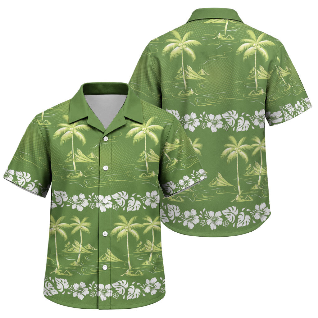Olive Green Hawaii Palm Tree Hibiscus Family Matching Puletasi and Hawaiian Shirt Fantasy Summer Vibe