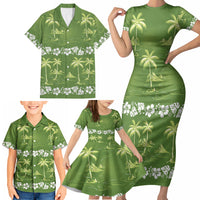 Olive Green Hawaii Palm Tree Hibiscus Family Matching Short Sleeve Bodycon Dress and Hawaiian Shirt Fantasy Summer Vibe LT01 - Polynesian Pride
