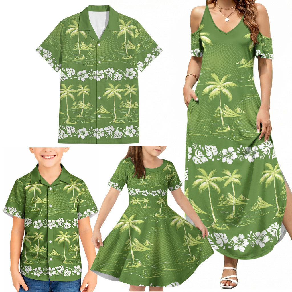 Olive Green Hawaii Palm Tree Hibiscus Family Matching Summer Maxi Dress and Hawaiian Shirt Fantasy Summer Vibe LT01 - Polynesian Pride