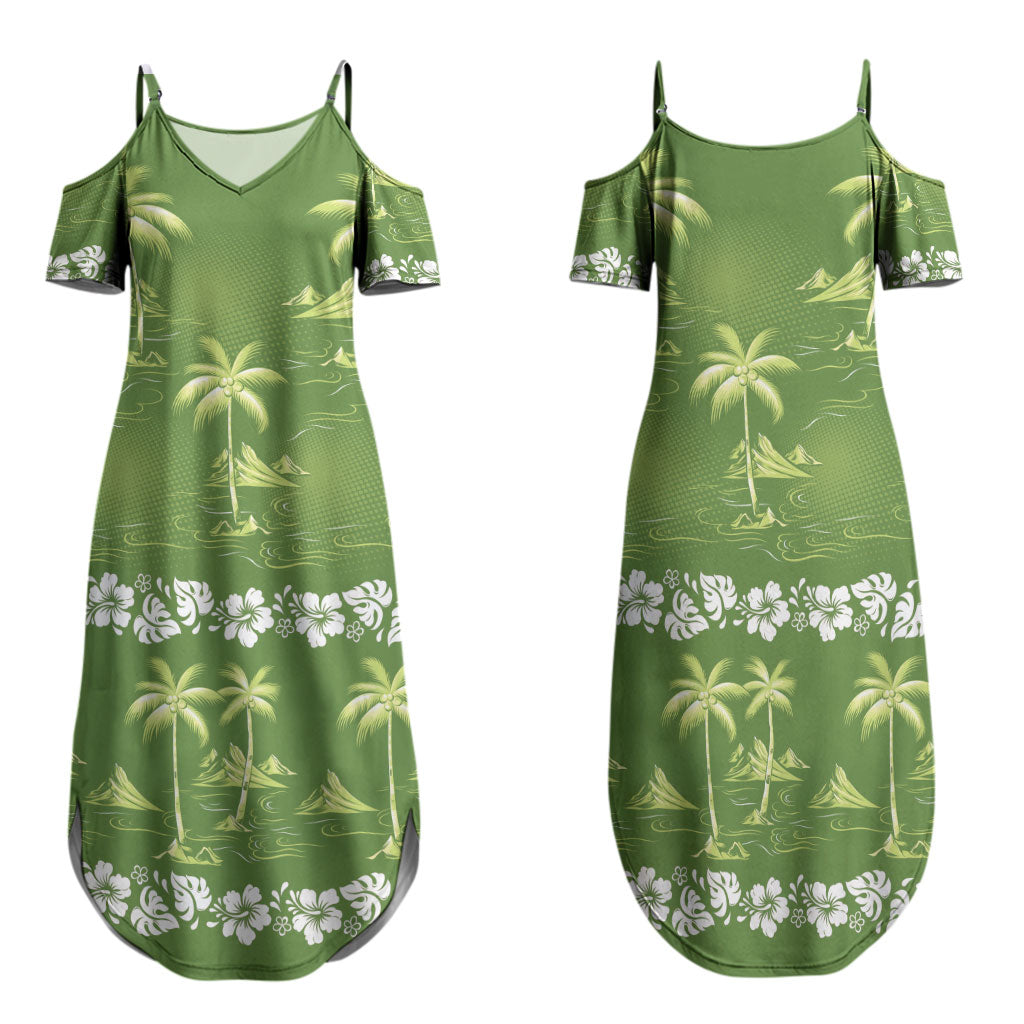 Olive Green Hawaii Palm Tree Hibiscus Family Matching Summer Maxi Dress and Hawaiian Shirt Fantasy Summer Vibe LT01 Mom's Dress Olive - Polynesian Pride