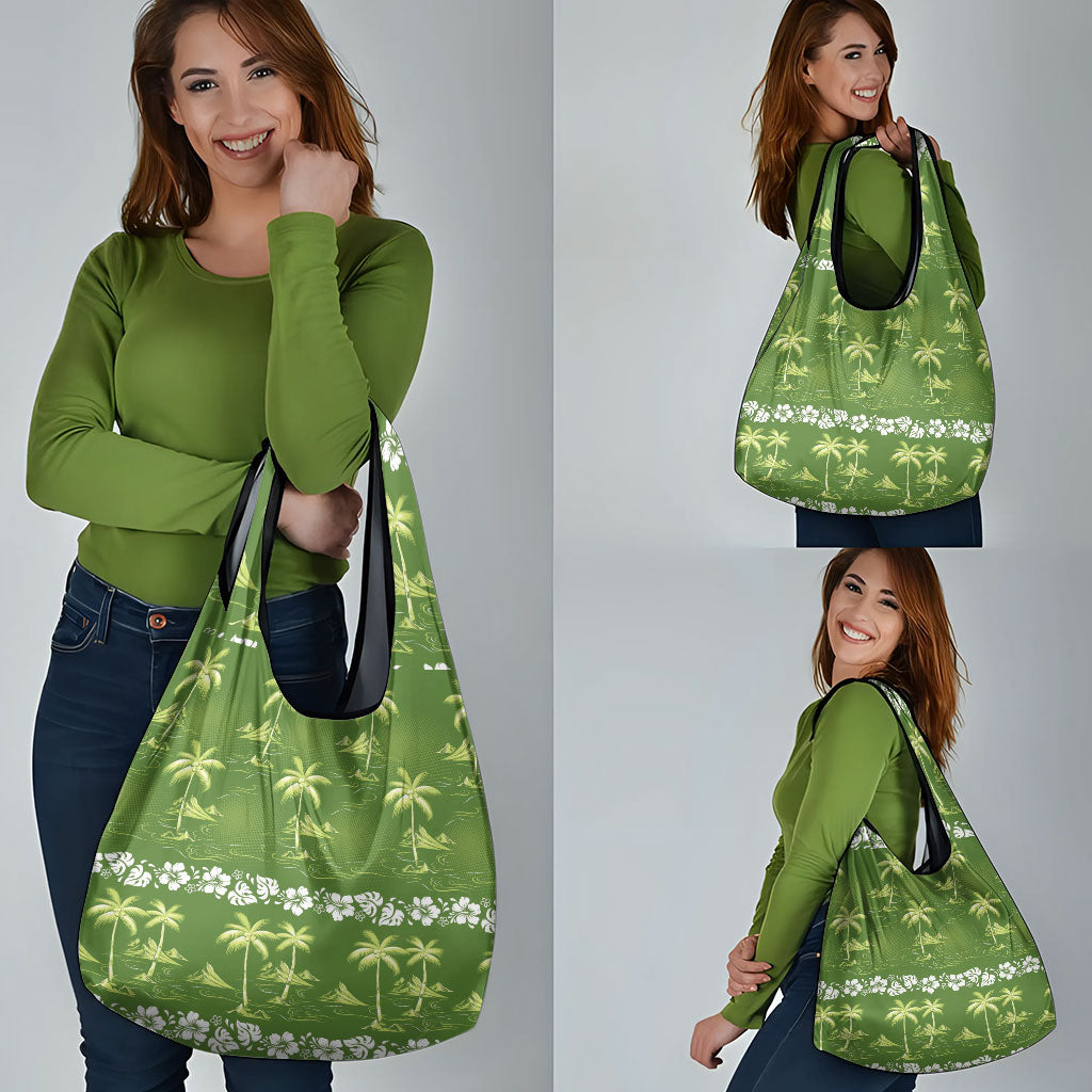 Olive Green Hawaii Palm Tree Hibiscus Grocery Bag Fantasy Summer Vibe LT01 - Polynesian Pride