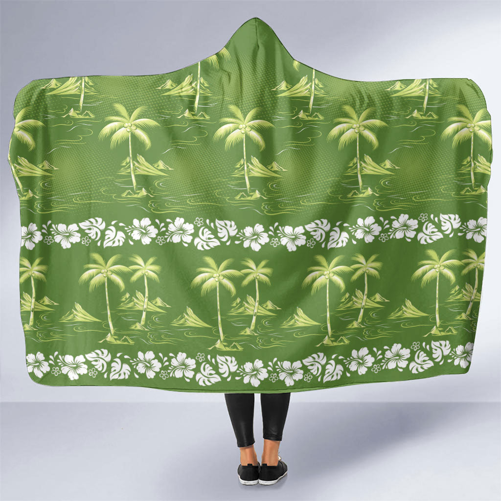Olive Green Hawaii Palm Tree Hibiscus Hooded Blanket Fantasy Summer Vibe LT01 One Size Olive - Polynesian Pride