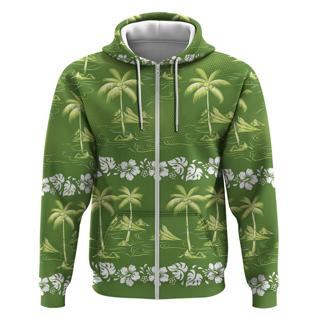 Olive Green Hawaii Palm Tree Hibiscus Hoodie Fantasy Summer Vibe LT01 Zip Hoodie Olive - Polynesian Pride