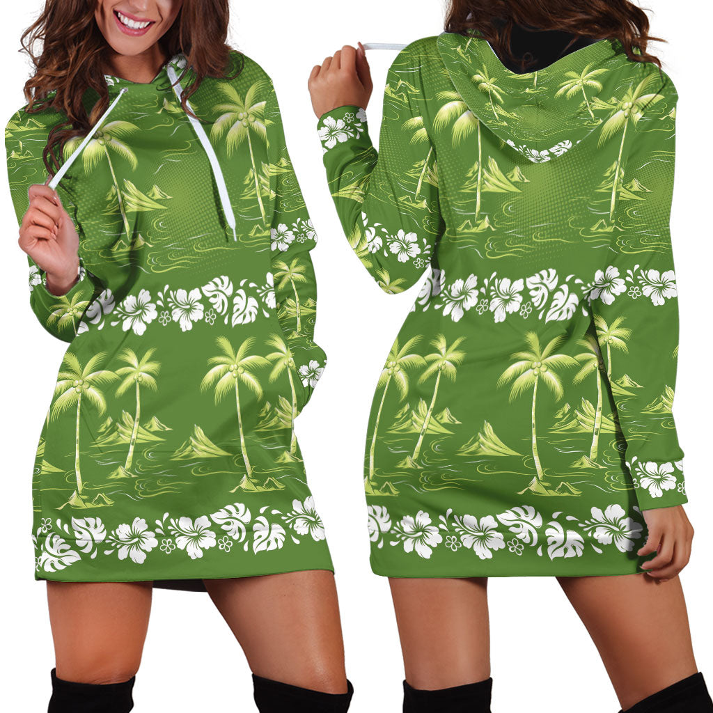 Olive Green Hawaii Palm Tree Hibiscus Hoodie Dress Fantasy Summer Vibe LT01 - Polynesian Pride