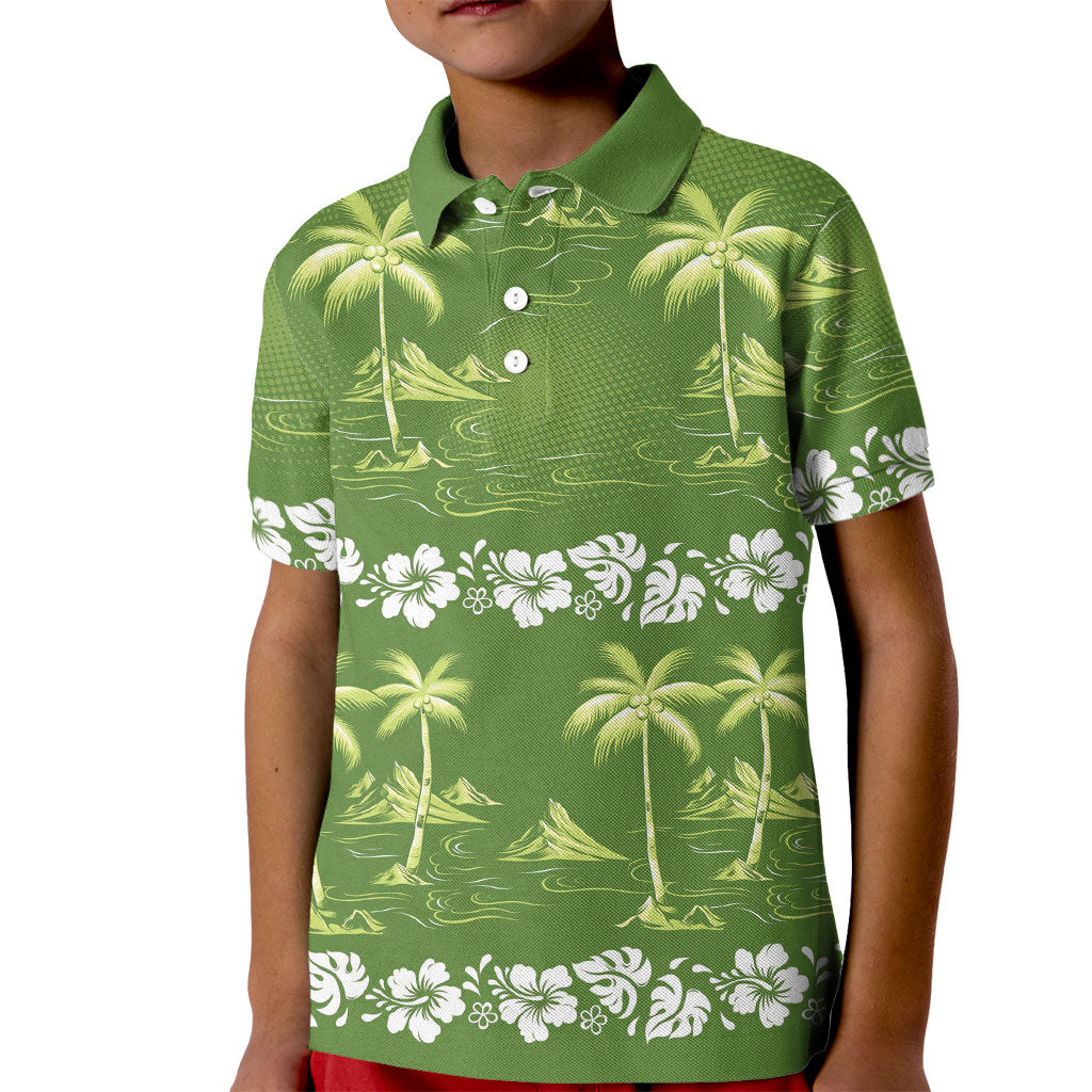 Olive Green Hawaii Palm Tree Hibiscus Kid Polo Shirt Fantasy Summer Vibe LT01 Kid Olive - Polynesian Pride
