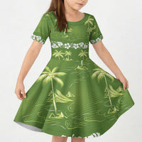 Olive Green Hawaii Palm Tree Hibiscus Kid Short Sleeve Dress Fantasy Summer Vibe