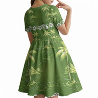 Olive Green Hawaii Palm Tree Hibiscus Kid Short Sleeve Dress Fantasy Summer Vibe