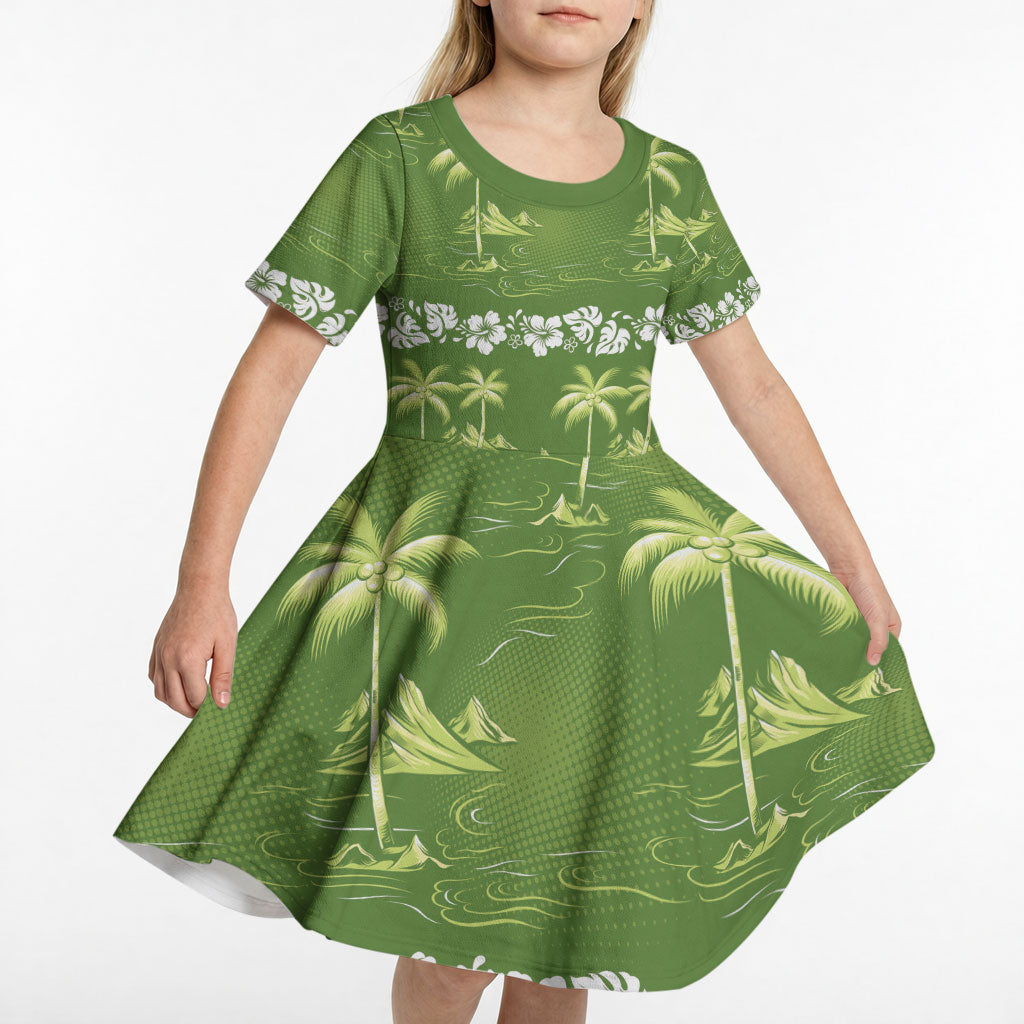 Olive Green Hawaii Palm Tree Hibiscus Kid Short Sleeve Dress Fantasy Summer Vibe