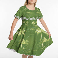 Olive Green Hawaii Palm Tree Hibiscus Kid Short Sleeve Dress Fantasy Summer Vibe