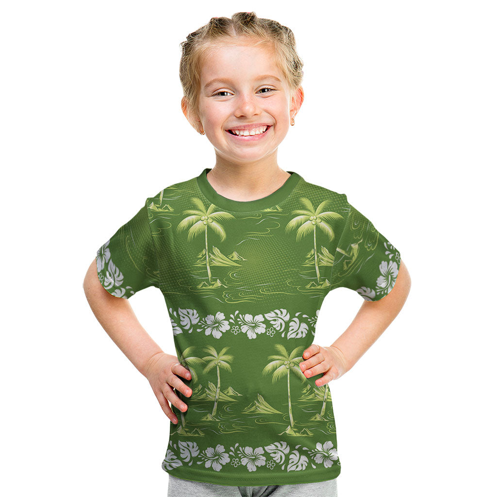 Olive Green Hawaii Palm Tree Hibiscus Kid T Shirt Fantasy Summer Vibe LT01 Olive - Polynesian Pride