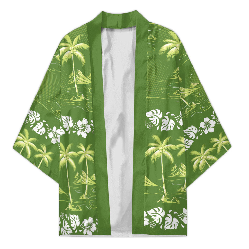 Olive Green Hawaii Palm Tree Hibiscus Kimono Fantasy Summer Vibe
