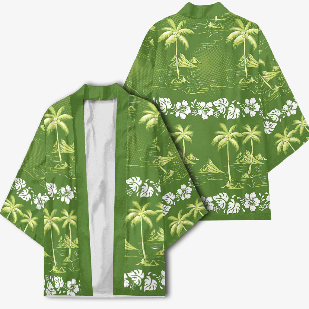Olive Green Hawaii Palm Tree Hibiscus Kimono Fantasy Summer Vibe