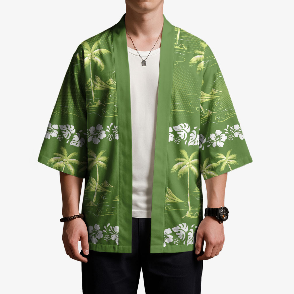 Olive Green Hawaii Palm Tree Hibiscus Kimono Fantasy Summer Vibe