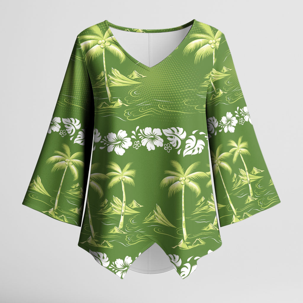 Olive Green Hawaii Palm Tree Hibiscus Kimono Sleeve Blouse Fantasy Summer Vibe LT01 Female Olive - Polynesian Pride