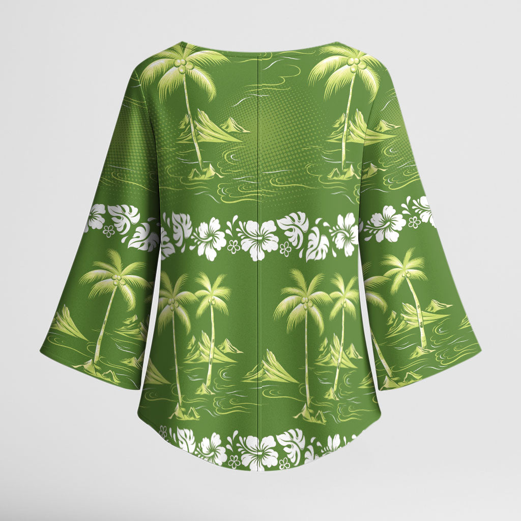 Olive Green Hawaii Palm Tree Hibiscus Kimono Sleeve Blouse Fantasy Summer Vibe LT01 - Polynesian Pride