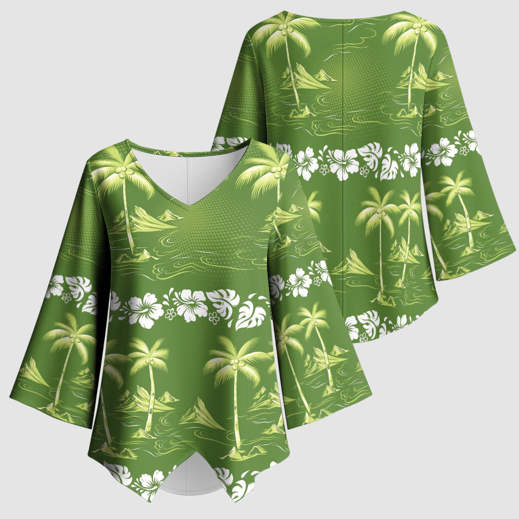 Olive Green Hawaii Palm Tree Hibiscus Kimono Sleeve Blouse Fantasy Summer Vibe LT01 - Polynesian Pride