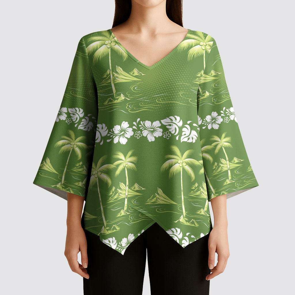 Olive Green Hawaii Palm Tree Hibiscus Kimono Sleeve Blouse Fantasy Summer Vibe LT01 - Polynesian Pride