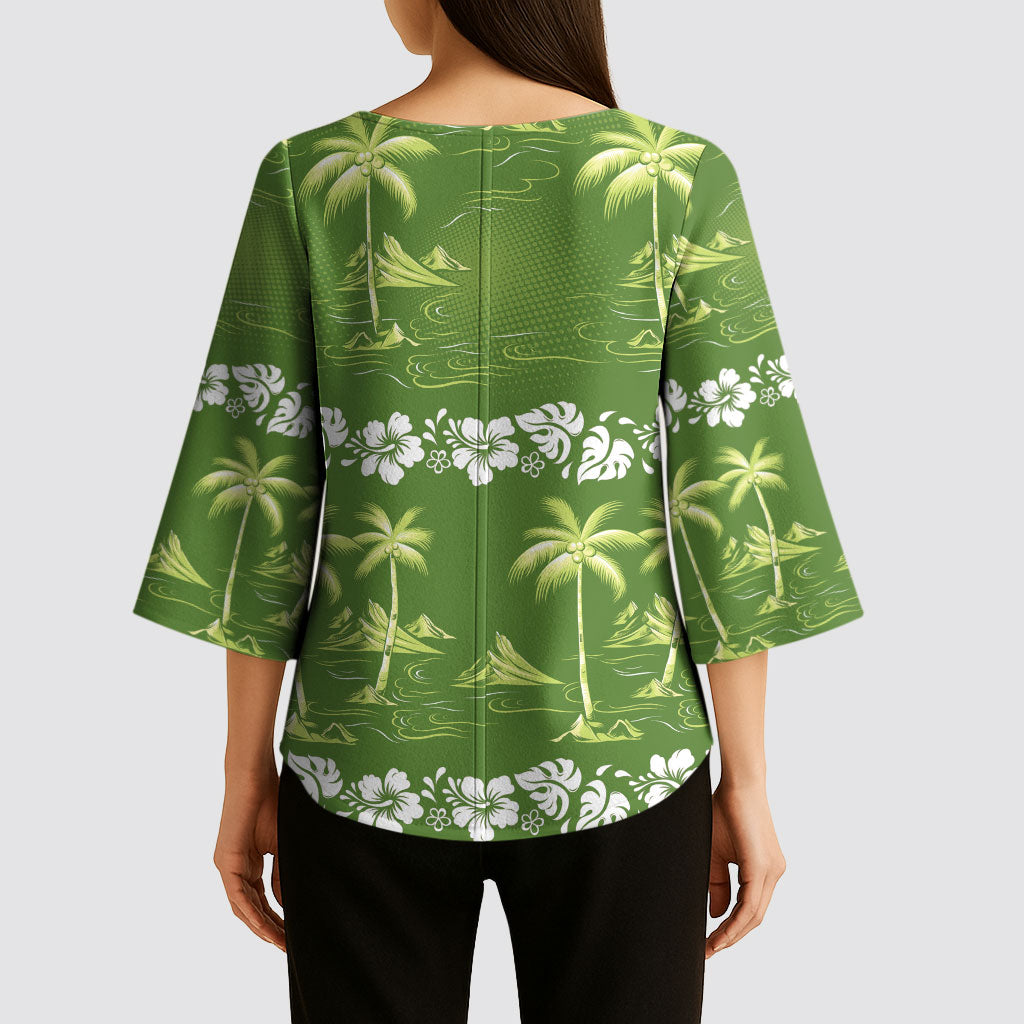 Olive Green Hawaii Palm Tree Hibiscus Kimono Sleeve Blouse Fantasy Summer Vibe LT01 - Polynesian Pride