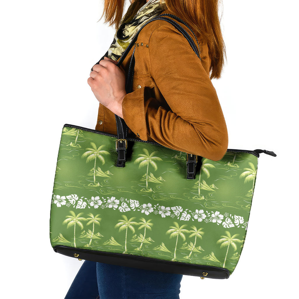 Olive Green Hawaii Palm Tree Hibiscus Leather Tote Bag Fantasy Summer Vibe LT01 Olive - Polynesian Pride