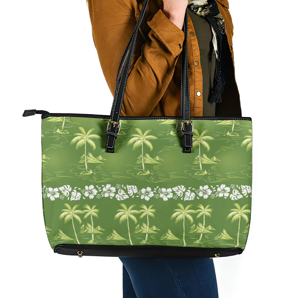 Olive Green Hawaii Palm Tree Hibiscus Leather Tote Bag Fantasy Summer Vibe LT01 - Polynesian Pride