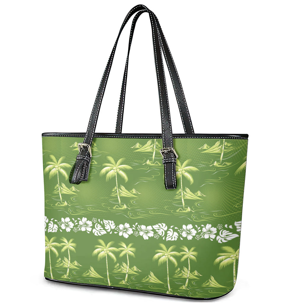 Olive Green Hawaii Palm Tree Hibiscus Leather Tote Bag Fantasy Summer Vibe LT01 - Polynesian Pride
