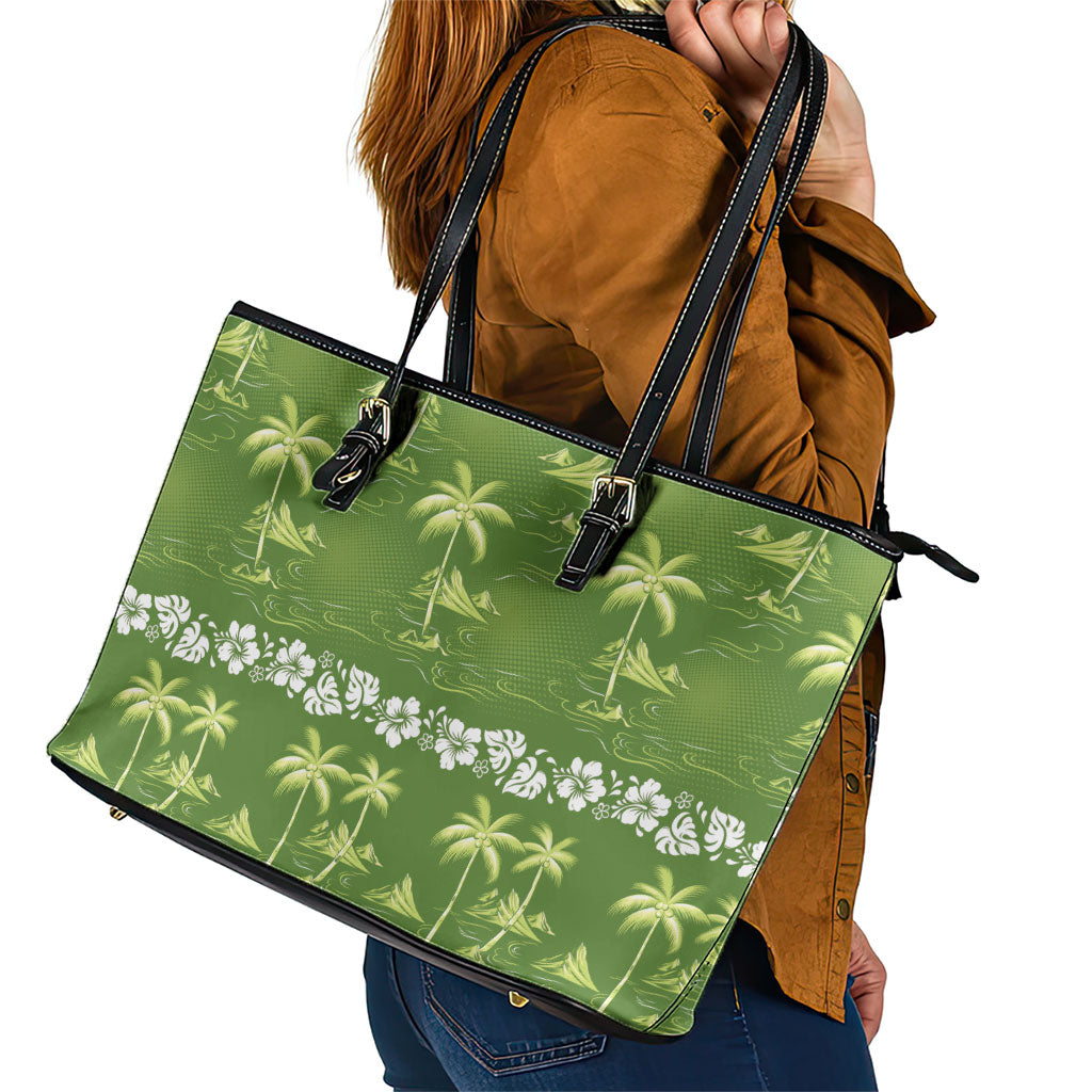 Olive Green Hawaii Palm Tree Hibiscus Leather Tote Bag Fantasy Summer Vibe LT01 - Polynesian Pride