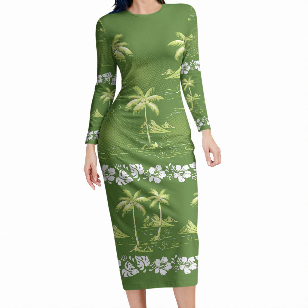 Olive Green Hawaii Palm Tree Hibiscus Long Sleeve Bodycon Dress Fantasy Summer Vibe