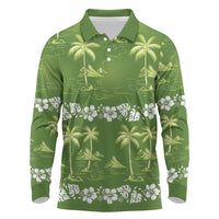 Olive Green Hawaii Palm Tree Hibiscus Long Sleeve Polo Shirt Fantasy Summer Vibe LT01 Olive - Polynesian Pride