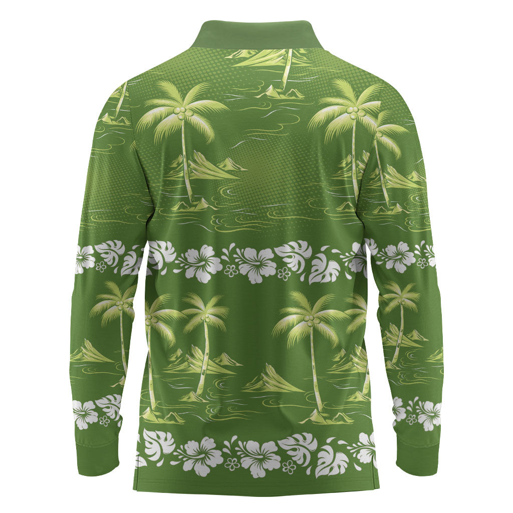 Olive Green Hawaii Palm Tree Hibiscus Long Sleeve Polo Shirt Fantasy Summer Vibe LT01 - Polynesian Pride