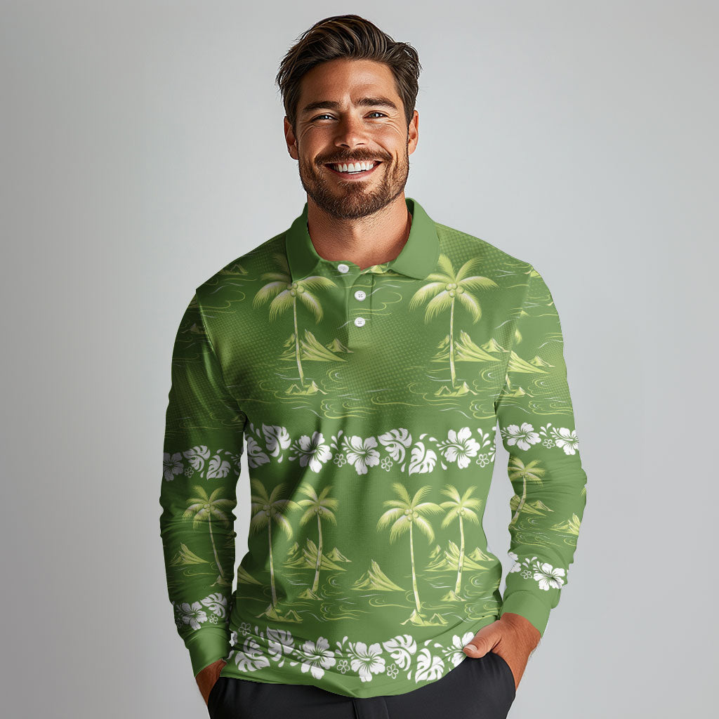 Olive Green Hawaii Palm Tree Hibiscus Long Sleeve Polo Shirt Fantasy Summer Vibe LT01 - Polynesian Pride