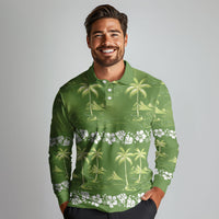 Olive Green Hawaii Palm Tree Hibiscus Long Sleeve Polo Shirt Fantasy Summer Vibe LT01 - Polynesian Pride