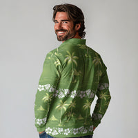 Olive Green Hawaii Palm Tree Hibiscus Long Sleeve Polo Shirt Fantasy Summer Vibe LT01 - Polynesian Pride