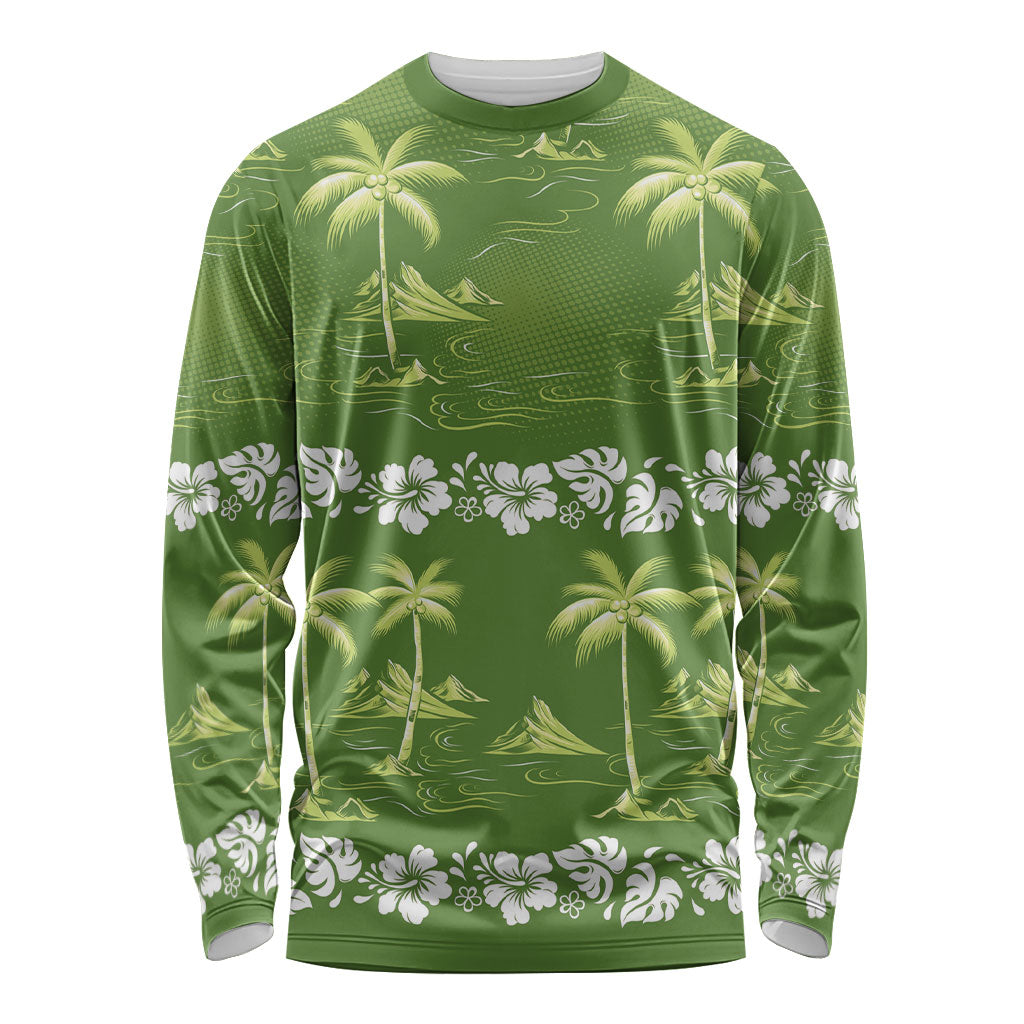 Olive Green Hawaii Palm Tree Hibiscus Long Sleeve Shirt Fantasy Summer Vibe