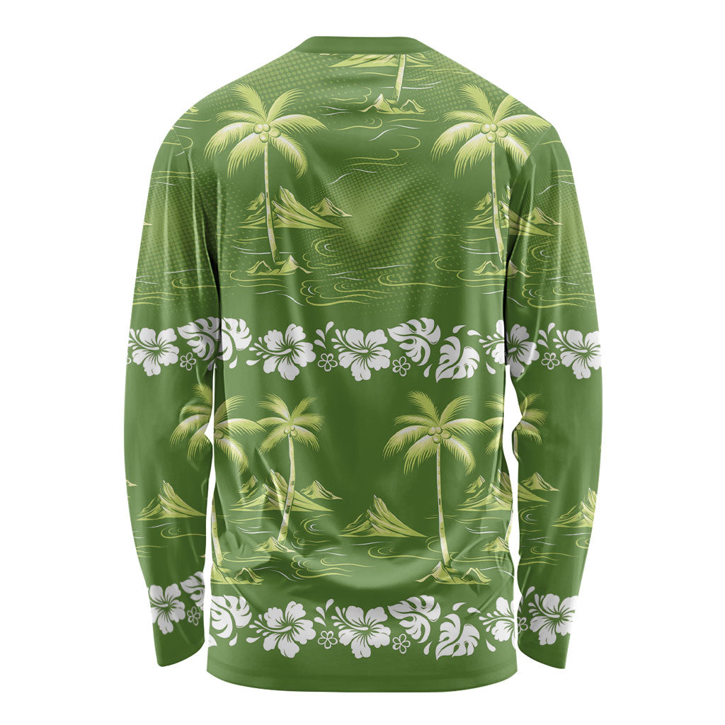 Olive Green Hawaii Palm Tree Hibiscus Long Sleeve Shirt Fantasy Summer Vibe LT01 - Polynesian Pride