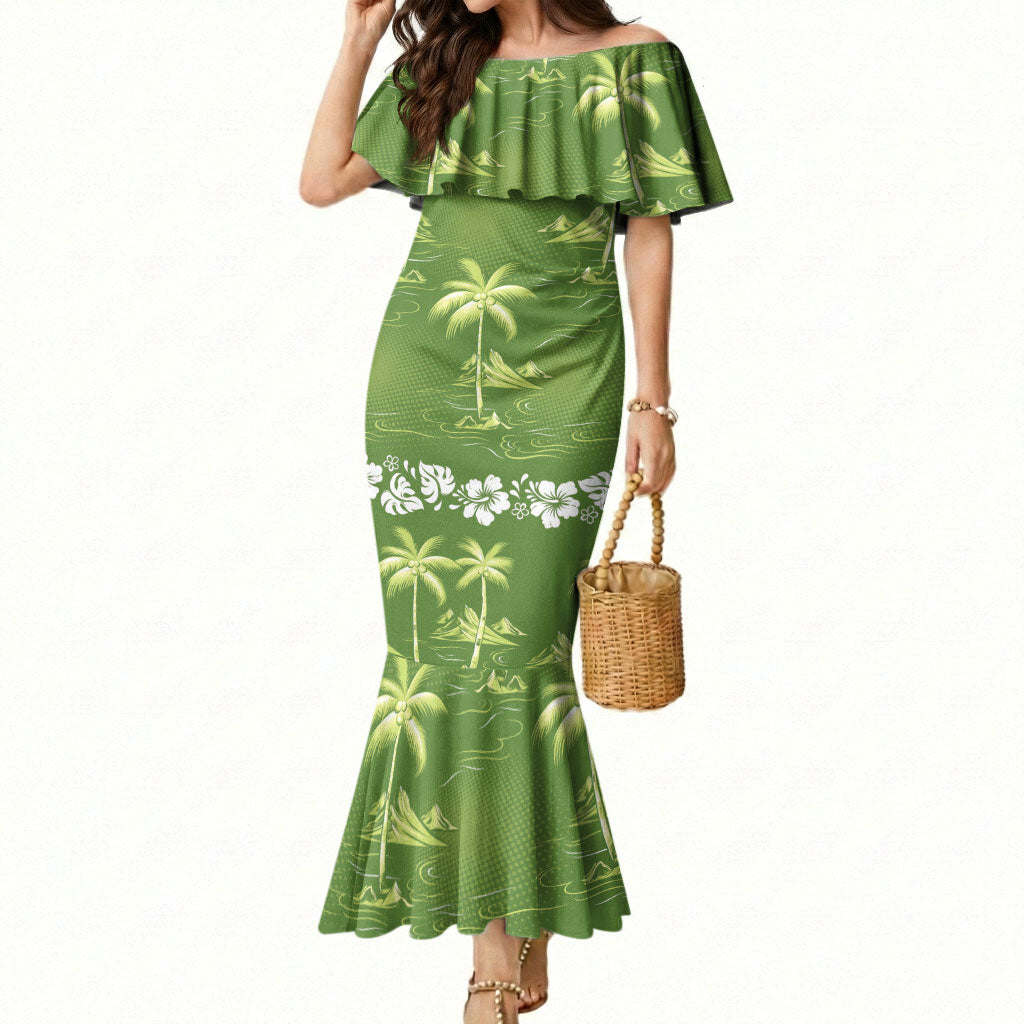 Olive Green Hawaii Palm Tree Hibiscus Mermaid Dress Fantasy Summer Vibe