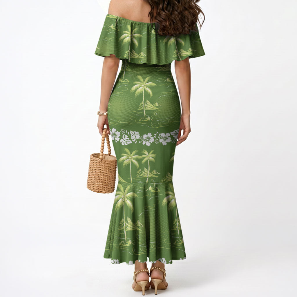 Olive Green Hawaii Palm Tree Hibiscus Mermaid Dress Fantasy Summer Vibe