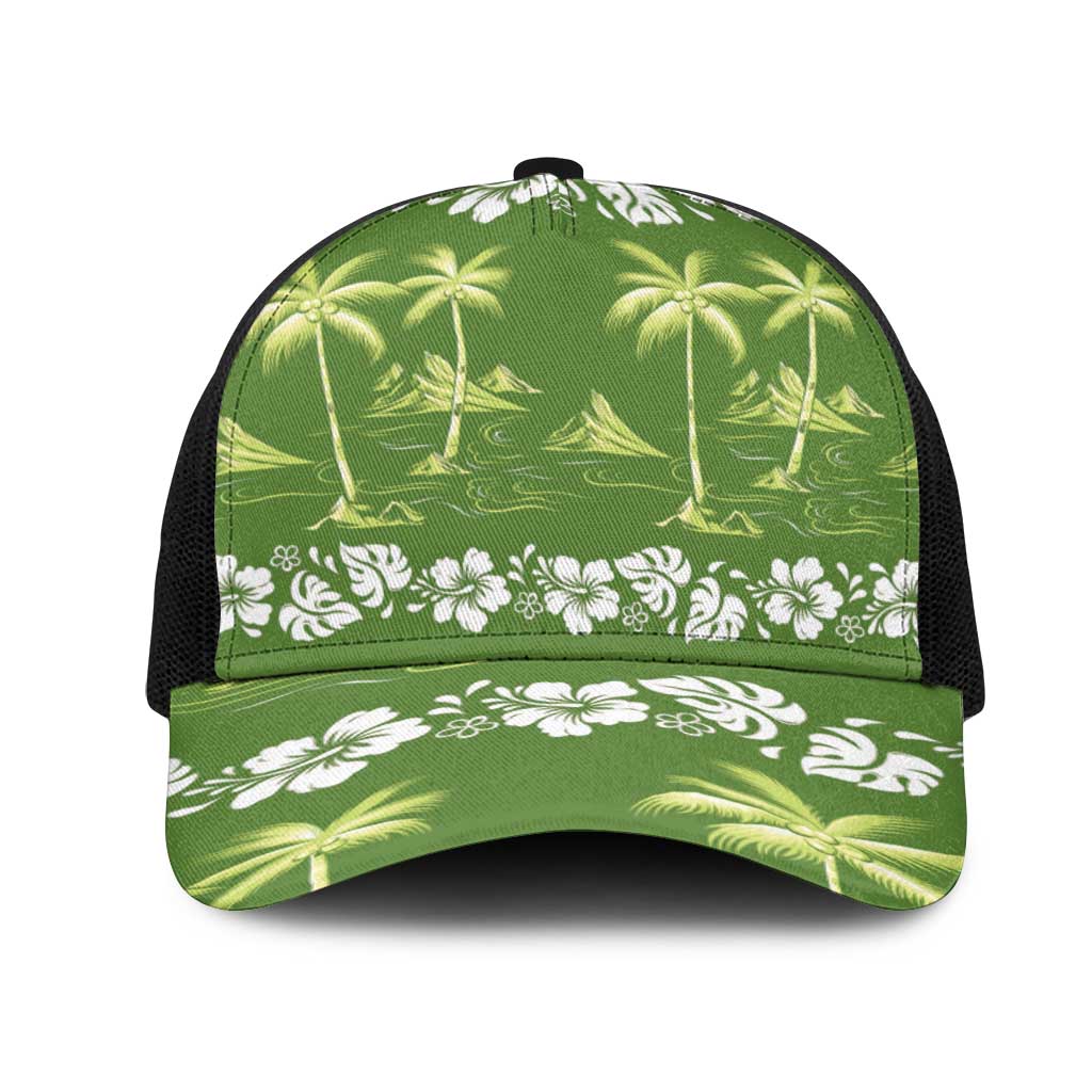 Olive Green Hawaii Palm Tree Hibiscus Mesh Trucker Cap Fantasy Summer Vibe