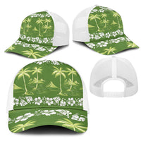 Olive Green Hawaii Palm Tree Hibiscus Mesh Trucker Cap Fantasy Summer Vibe