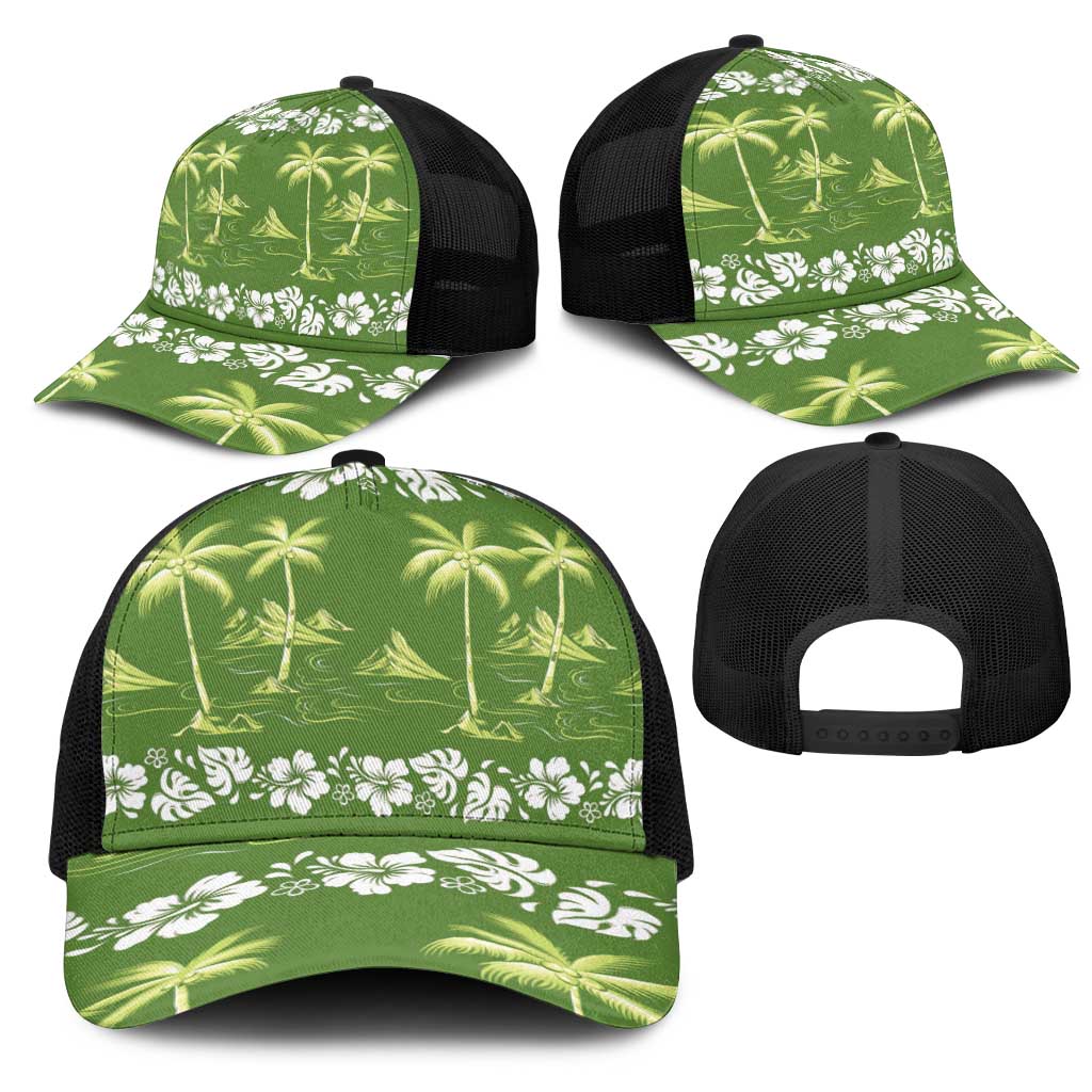 Olive Green Hawaii Palm Tree Hibiscus Mesh Trucker Cap Fantasy Summer Vibe