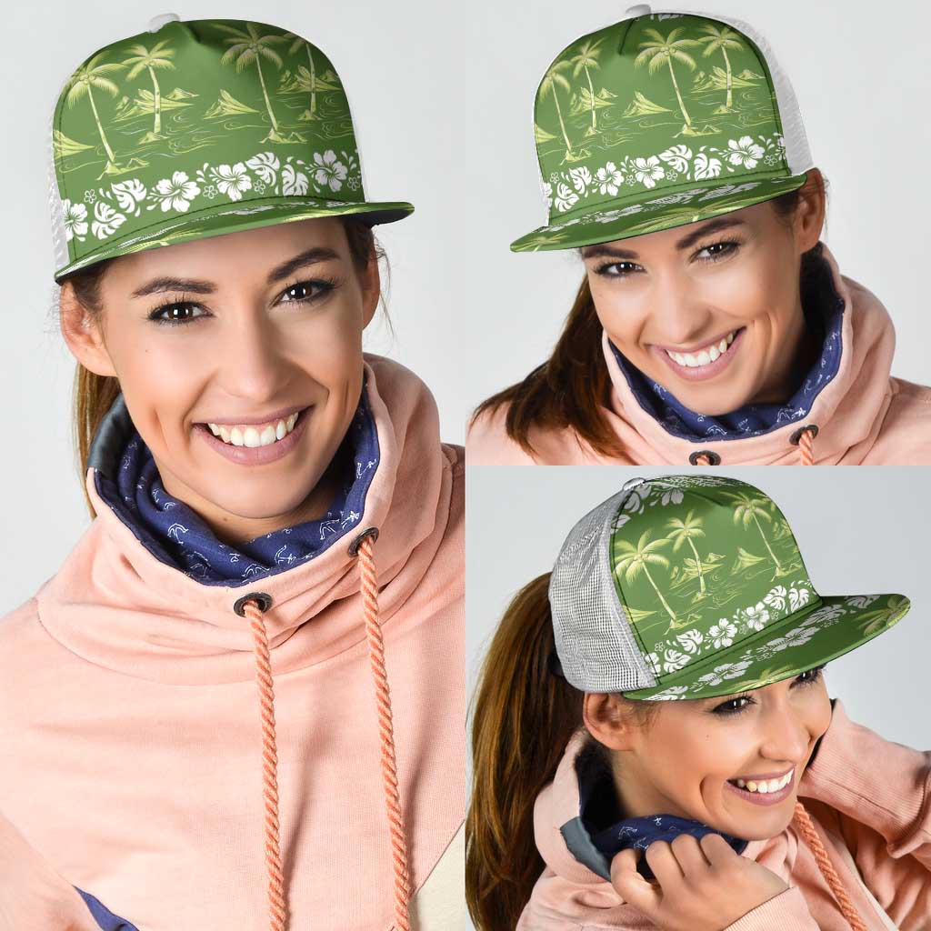 Olive Green Hawaii Palm Tree Hibiscus Mesh Trucker Cap Fantasy Summer Vibe