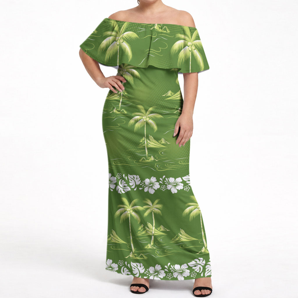 Olive Green Hawaii Palm Tree Hibiscus Off Shoulder Maxi Dress Fantasy Summer Vibe LT01 Women Olive - Polynesian Pride
