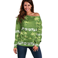 Olive Green Hawaii Palm Tree Hibiscus Off Shoulder Sweater Fantasy Summer Vibe LT01 Women Olive - Polynesian Pride