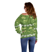 Olive Green Hawaii Palm Tree Hibiscus Off Shoulder Sweater Fantasy Summer Vibe LT01 - Polynesian Pride