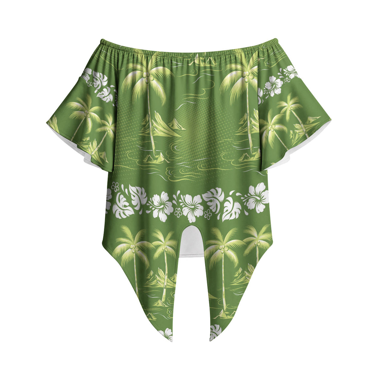 Olive Green Hawaii Palm Tree Hibiscus Off Shoulder Wrap Waist Top Fantasy Summer Vibe