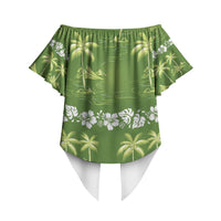 Olive Green Hawaii Palm Tree Hibiscus Off Shoulder Wrap Waist Top Fantasy Summer Vibe