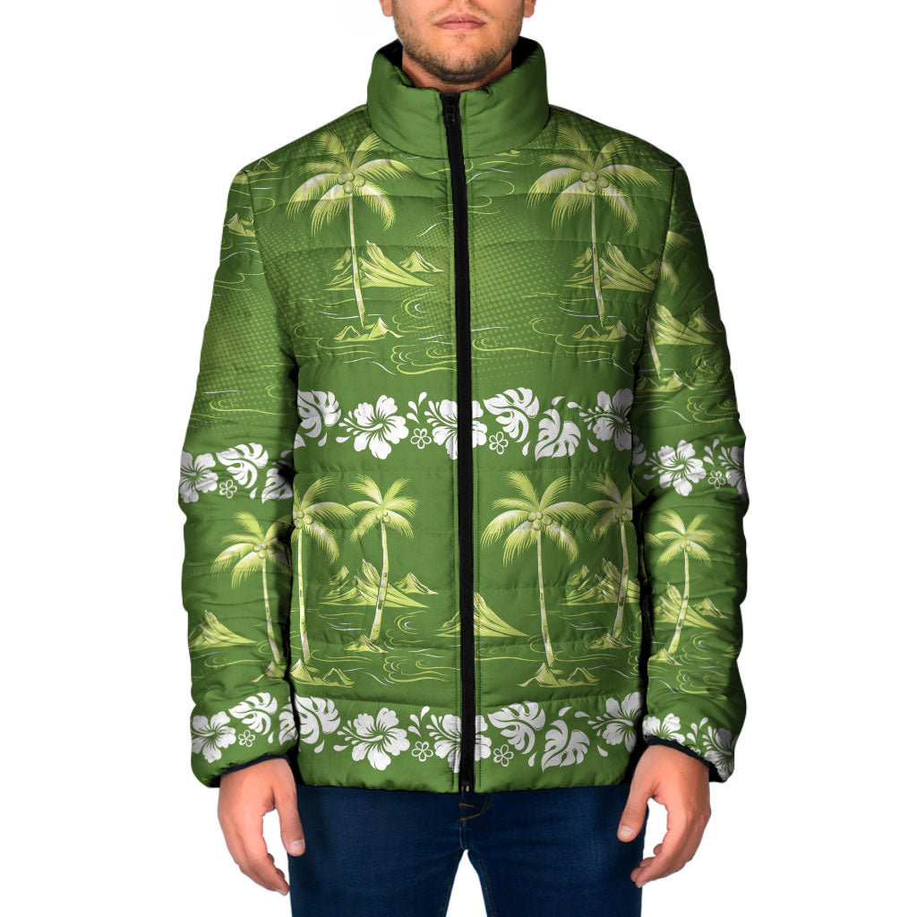 Olive Green Hawaii Palm Tree Hibiscus Padded Jacket Fantasy Summer Vibe